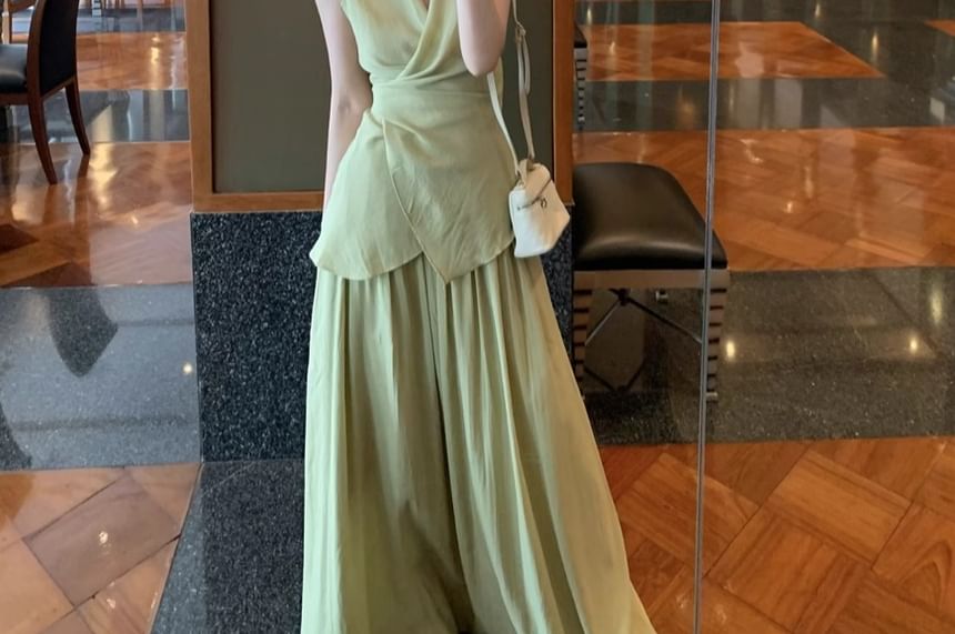 + Waist Set: V-Neck Tank A-Line Maxi Elastic Top Plain Skirt Asymmetrical