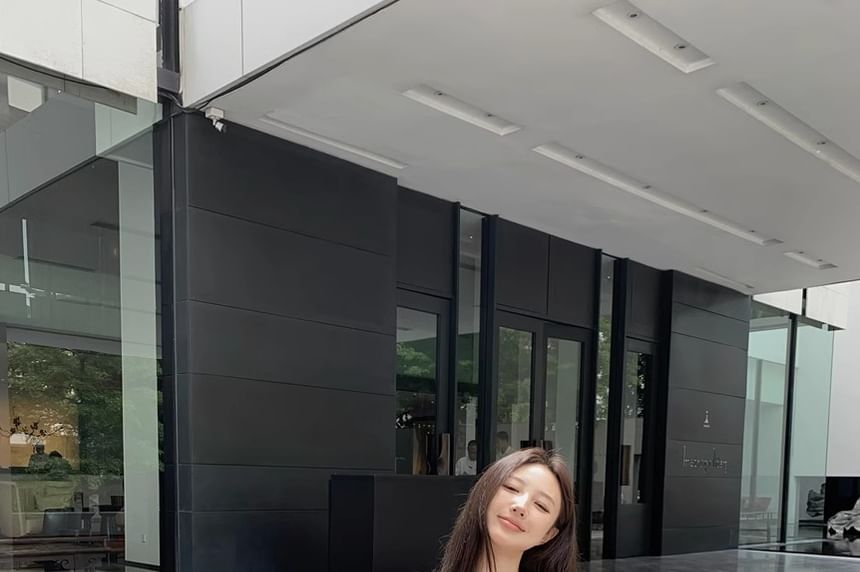 + Waist Set: V-Neck Tank A-Line Maxi Elastic Top Plain Skirt Asymmetrical