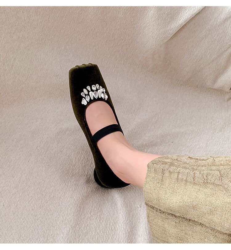 Pumps Square Velvet Low Toe Rhinestone Heel