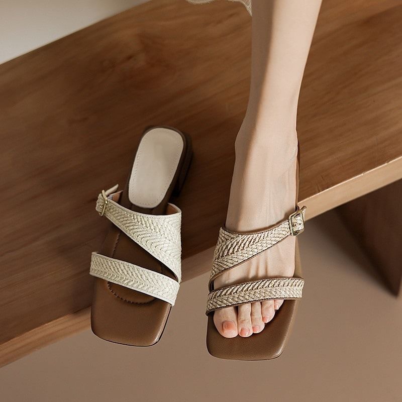 Sandals Low Strap Square Toe Woven Heel