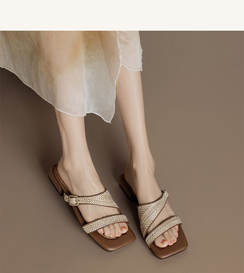Sandals Low Strap Square Toe Woven Heel