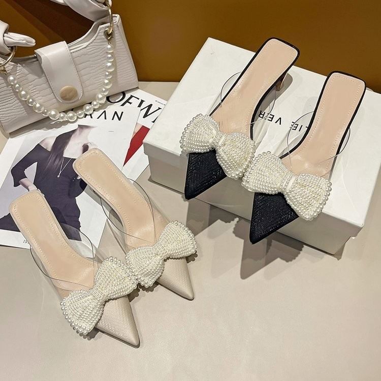 Bow Transparent Strap Heel Spool Mules Beaded