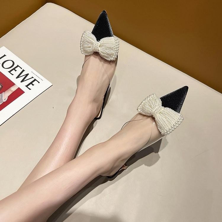 Bow Transparent Strap Heel Spool Mules Beaded