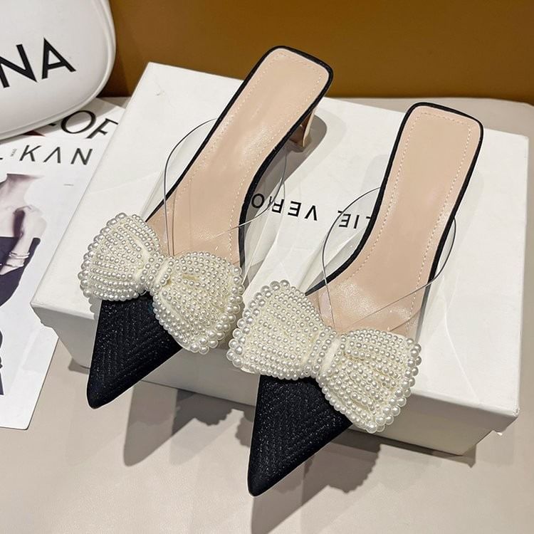 Bow Transparent Strap Heel Spool Mules Beaded