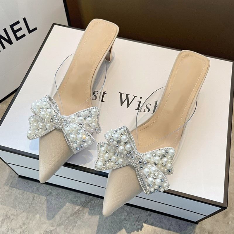 Beaded Sandals Bow Transparent Spool Heel