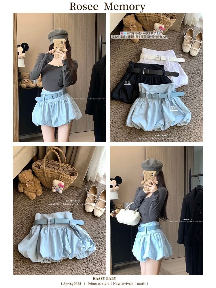 Belt Skirt Mini High Waist Set: Paperbag Plain +