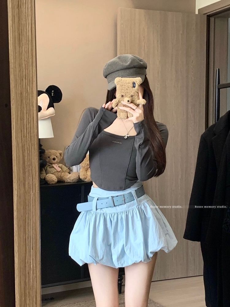 Belt Skirt Mini High Waist Set: Paperbag Plain +