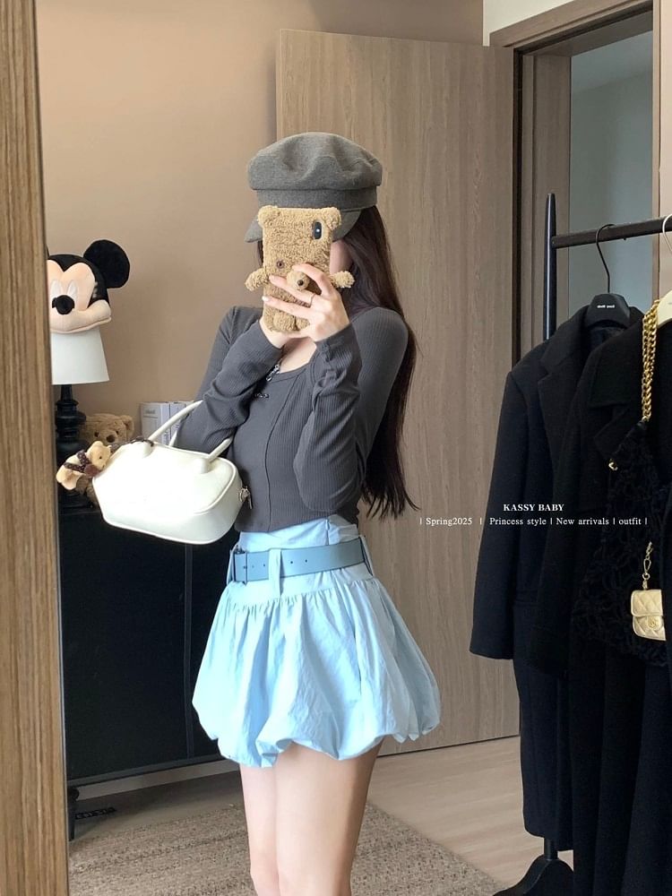 Belt Skirt Mini High Waist Set: Paperbag Plain +