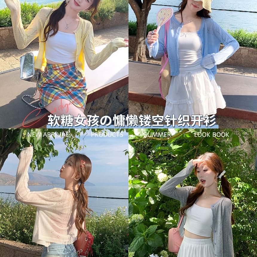 Neck Plain Crew Cardigan Button-Up Perforated Crop