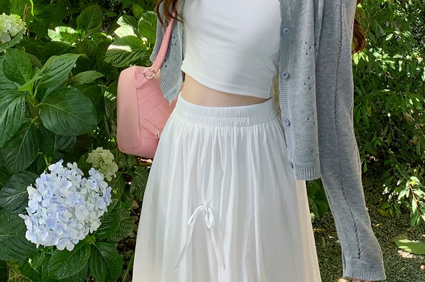 Neck Plain Crew Cardigan Button-Up Perforated Crop