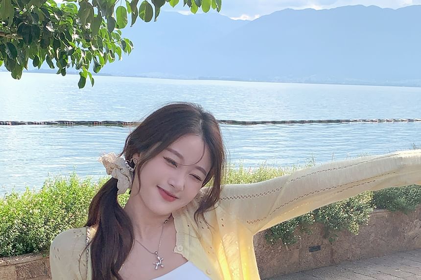 Neck Plain Crew Cardigan Button-Up Perforated Crop