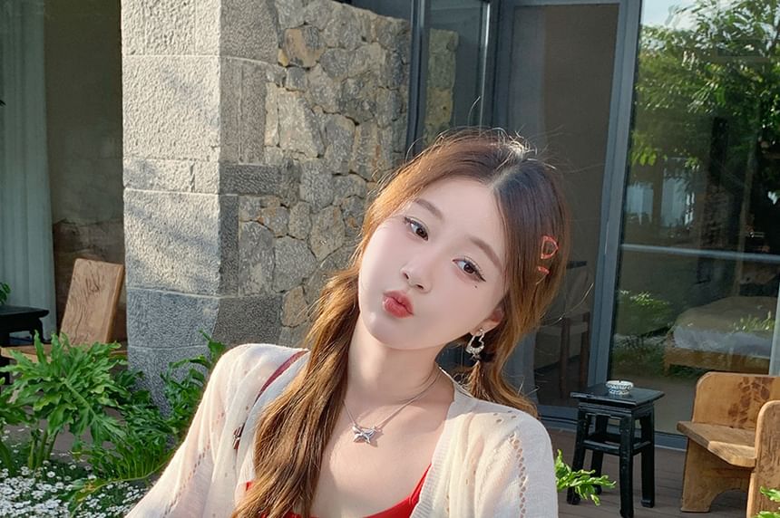 Neck Plain Crew Cardigan Button-Up Perforated Crop