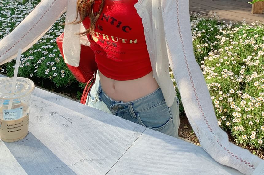 Neck Plain Crew Cardigan Button-Up Perforated Crop