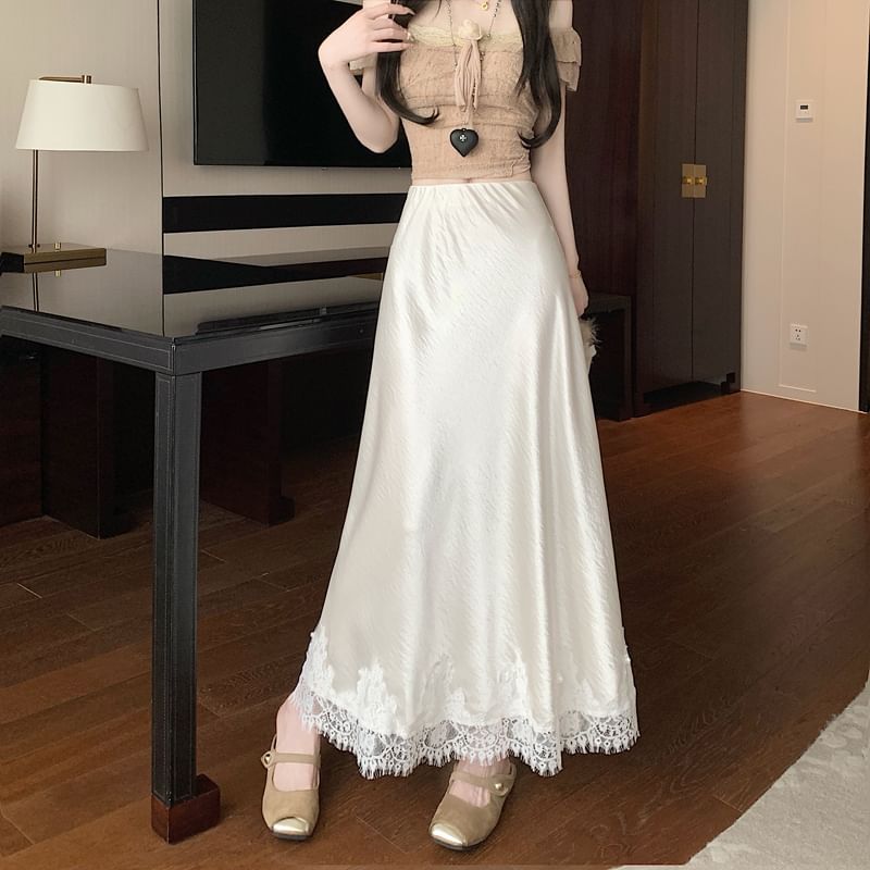 A-Line Skirt Lace Satin Panel High Midi Rise