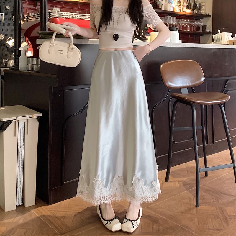 A-Line Skirt Lace Satin Panel High Midi Rise
