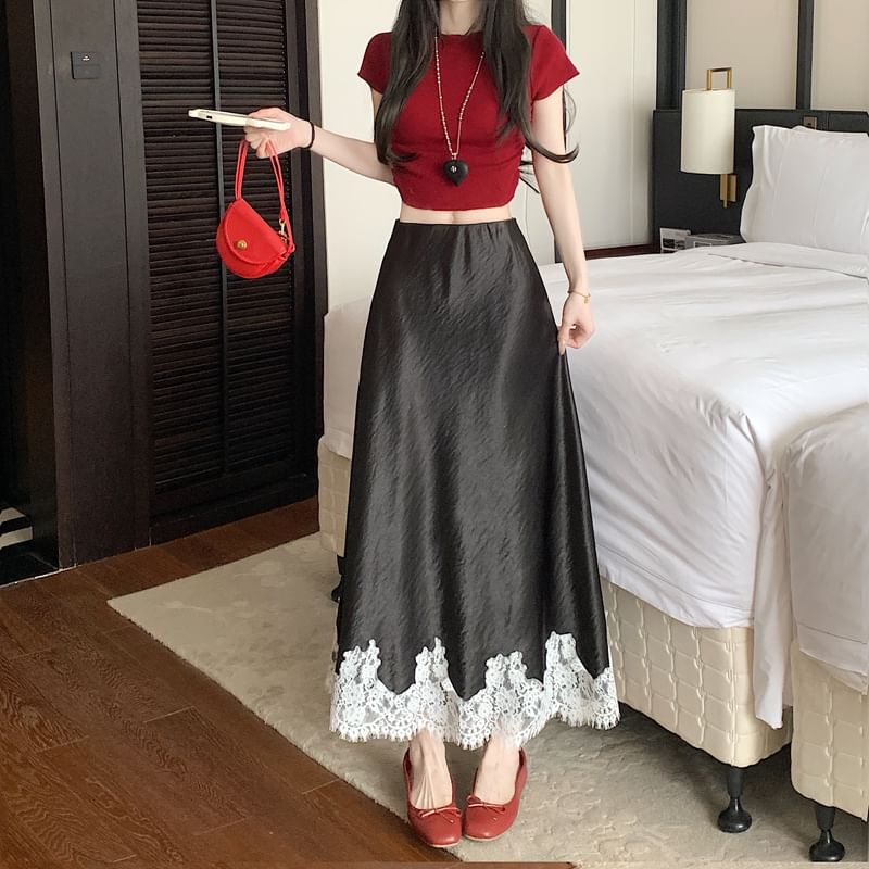 A-Line Skirt Lace Satin Panel High Midi Rise