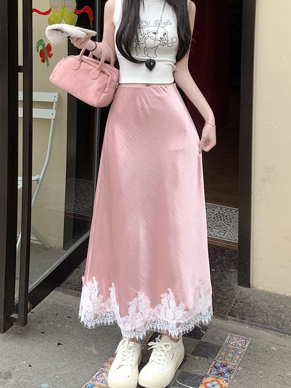 A-Line Skirt Lace Satin Panel High Midi Rise