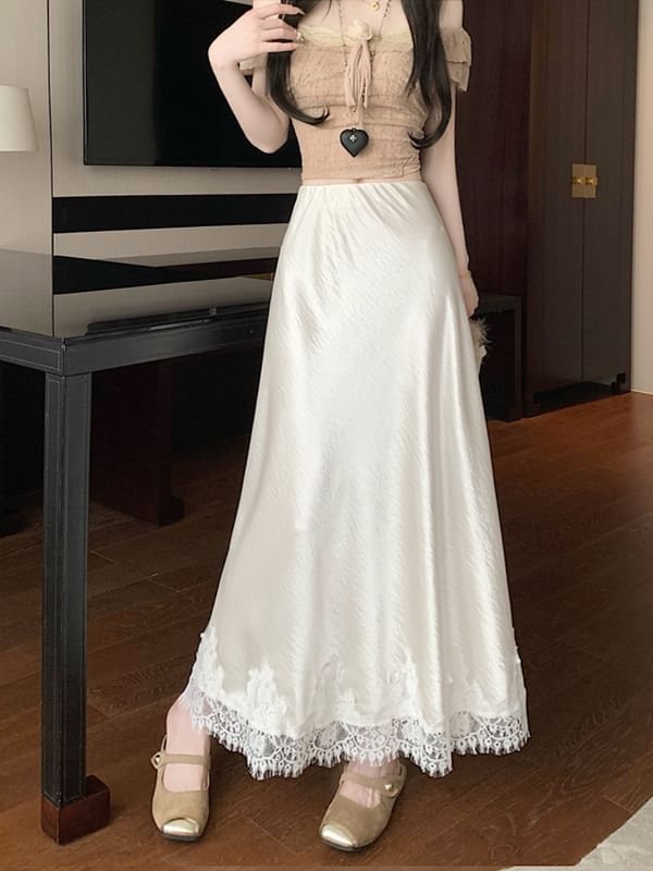 A-Line Skirt Lace Satin Panel High Midi Rise