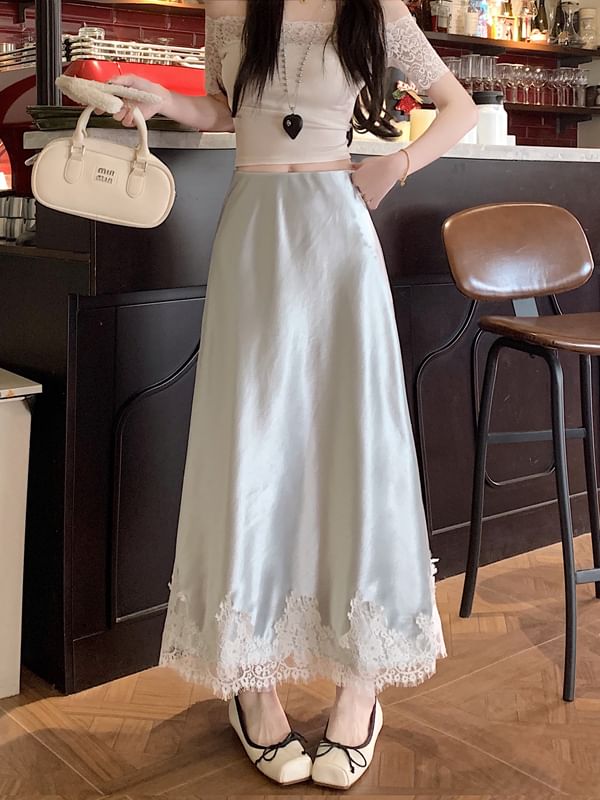 A-Line Skirt Lace Satin Panel High Midi Rise