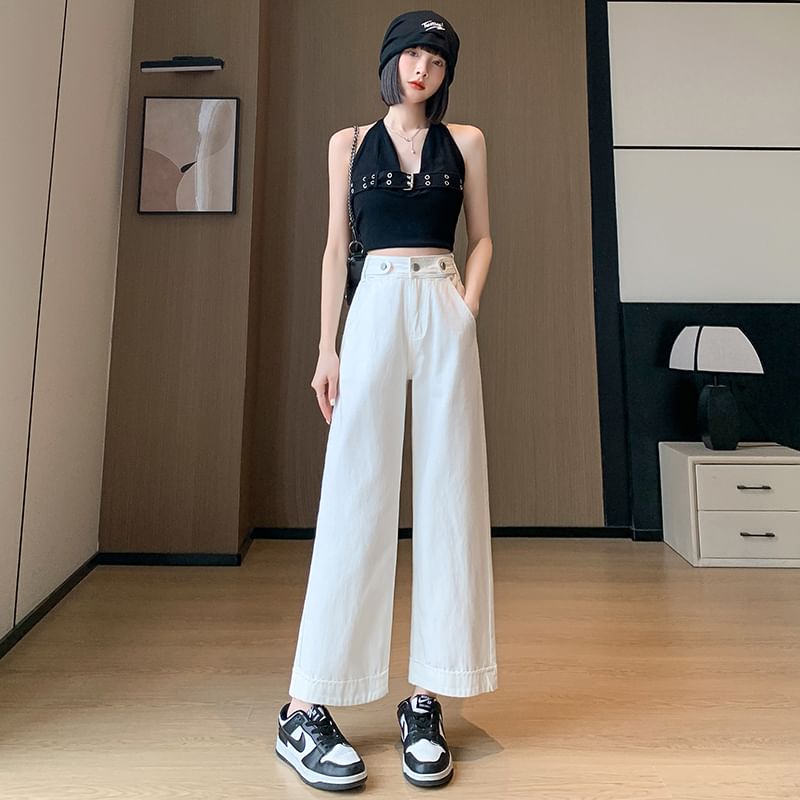 Washed (Various Designs) Jeans High Waist Cropped Wide Leg