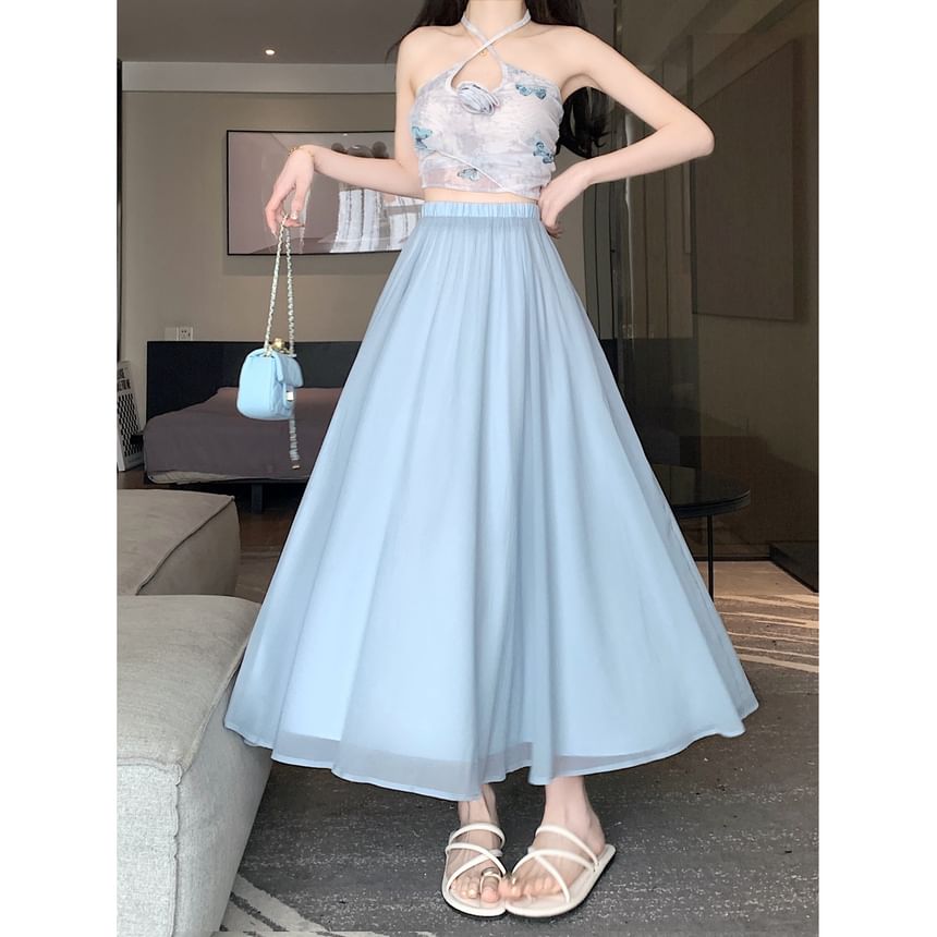 Mesh High Plain Rise A-Line Skirt Midi