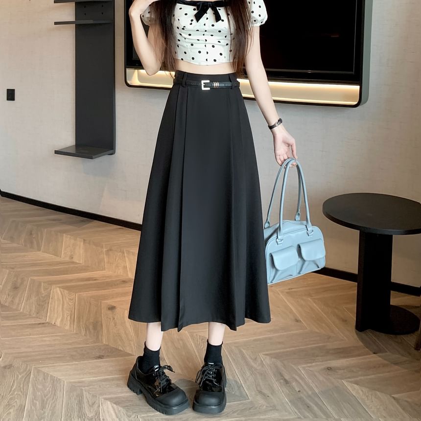 Rise Midi Plain A-Line Pleated Skirt High