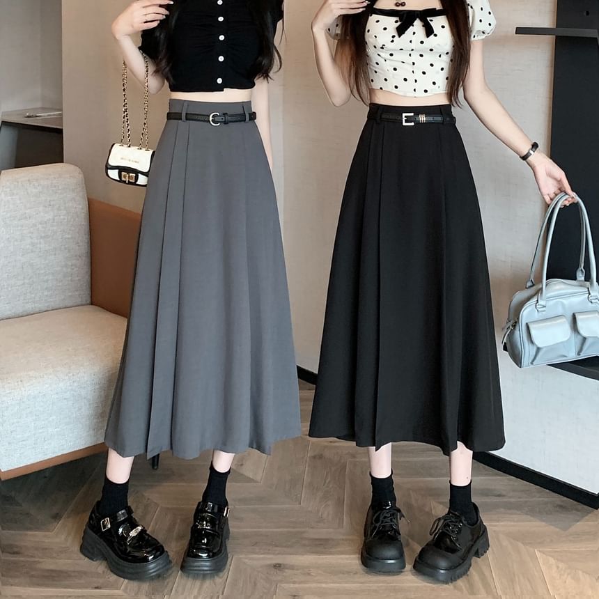 Rise Midi Plain A-Line Pleated Skirt High