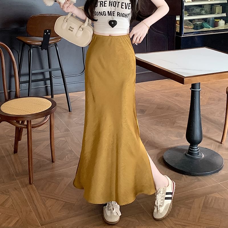 Plain Satin Skirt Fishtail High Rise Slit Maxi