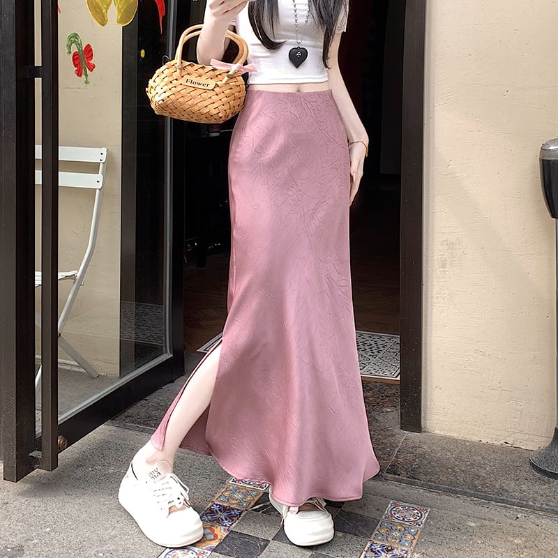 Plain Satin Skirt Fishtail High Rise Slit Maxi