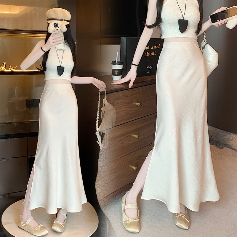 Plain Satin Skirt Fishtail High Rise Slit Maxi