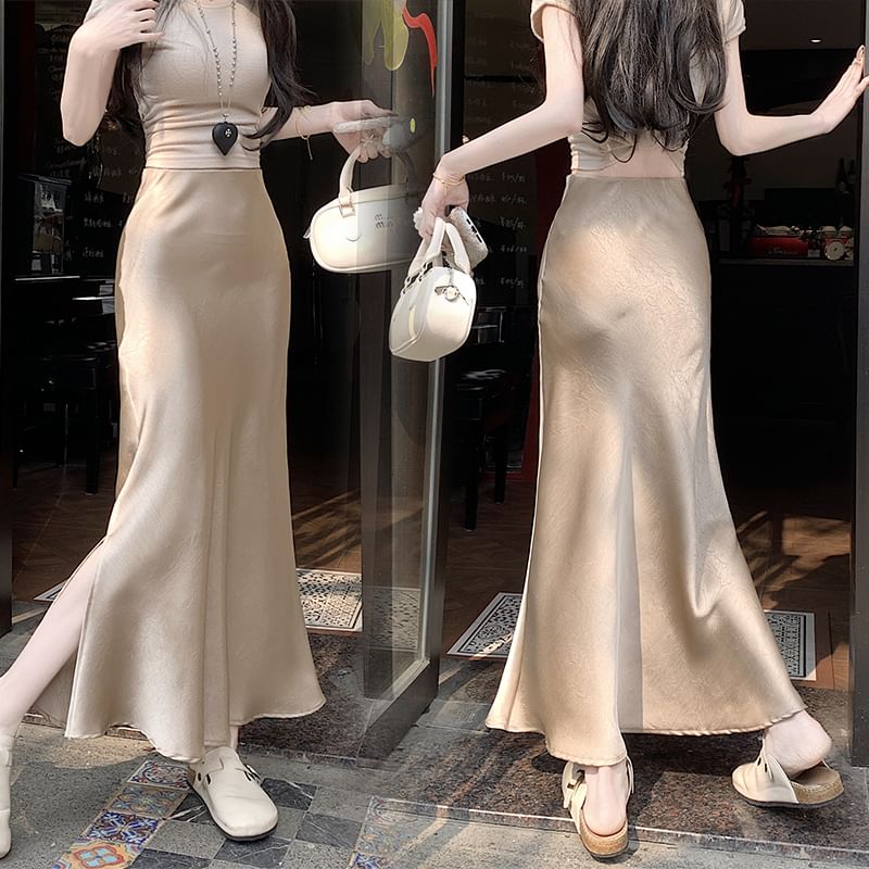 Plain Satin Skirt Fishtail High Rise Slit Maxi