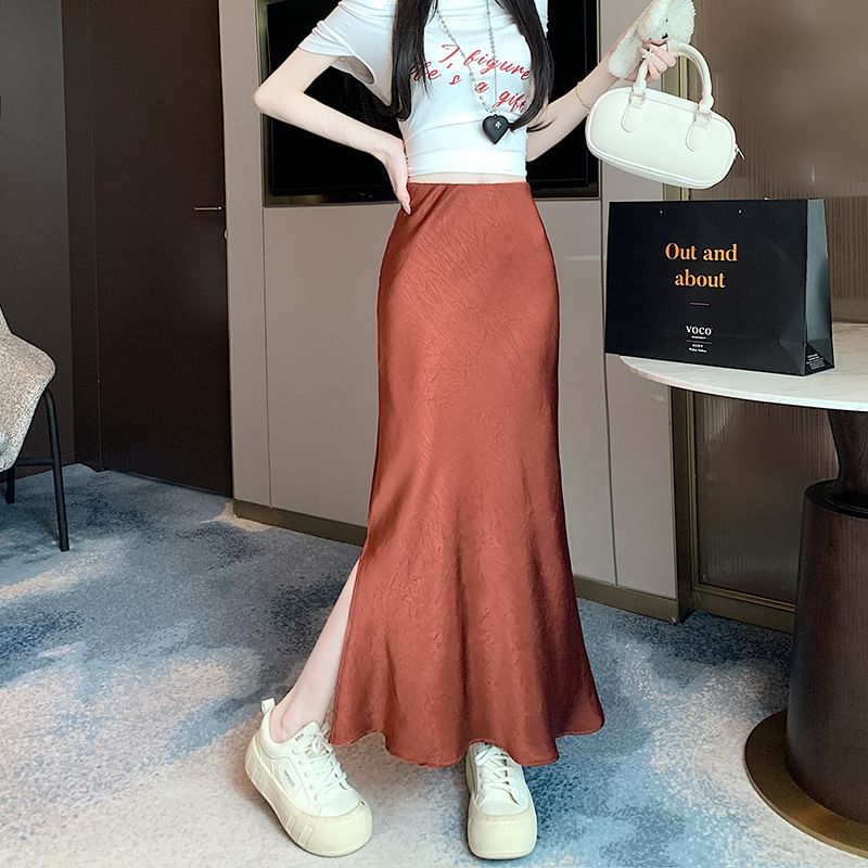Plain Satin Skirt Fishtail High Rise Slit Maxi