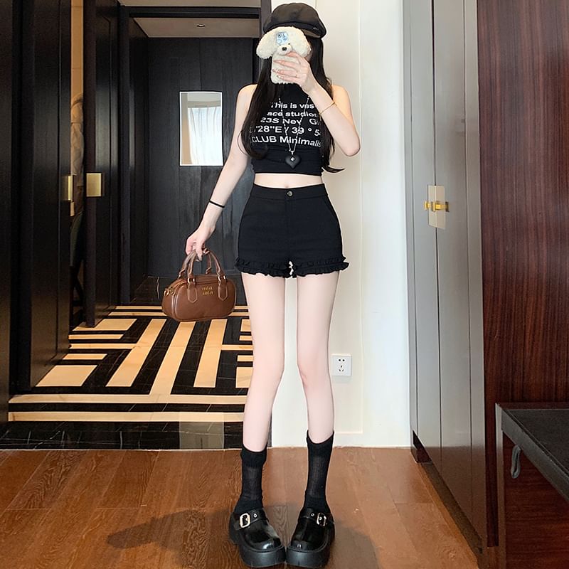 Plain High Hot Waist Trim Pants Frill