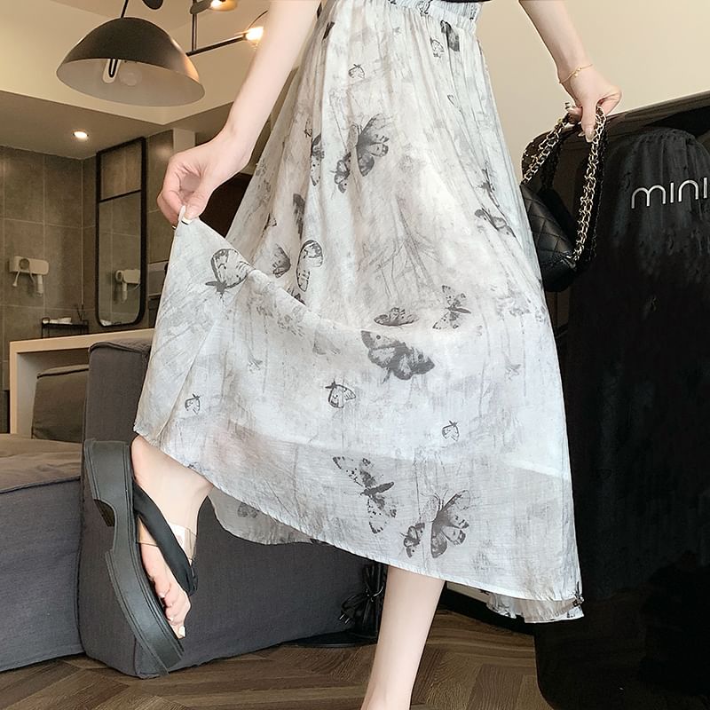 Butterfly High A-Line Skirt Midi Print Rise