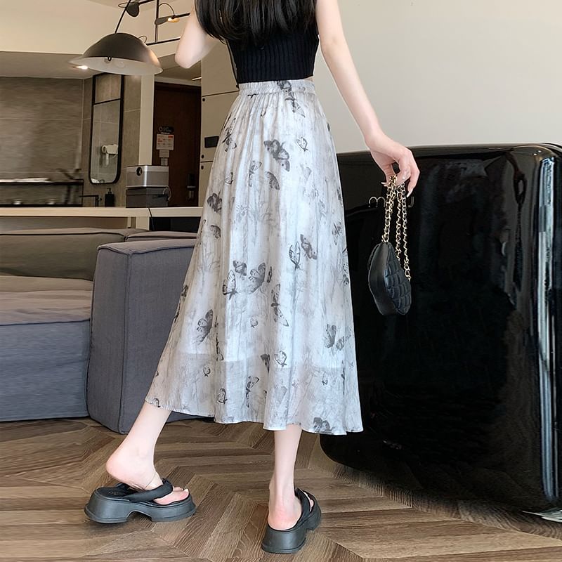Butterfly High A-Line Skirt Midi Print Rise
