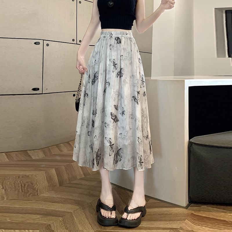 Butterfly High A-Line Skirt Midi Print Rise