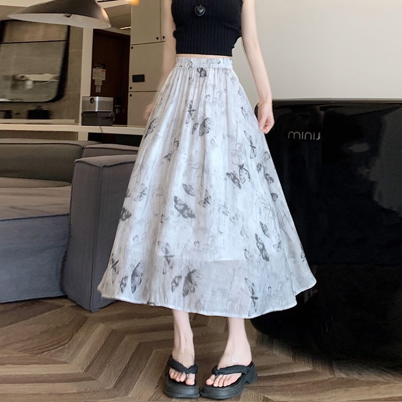 Butterfly High A-Line Skirt Midi Print Rise