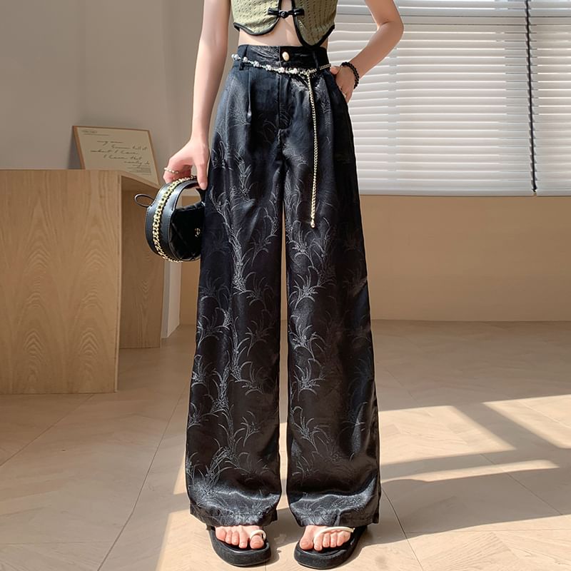 High Wide Jacquard Satin Leg Waist Pants