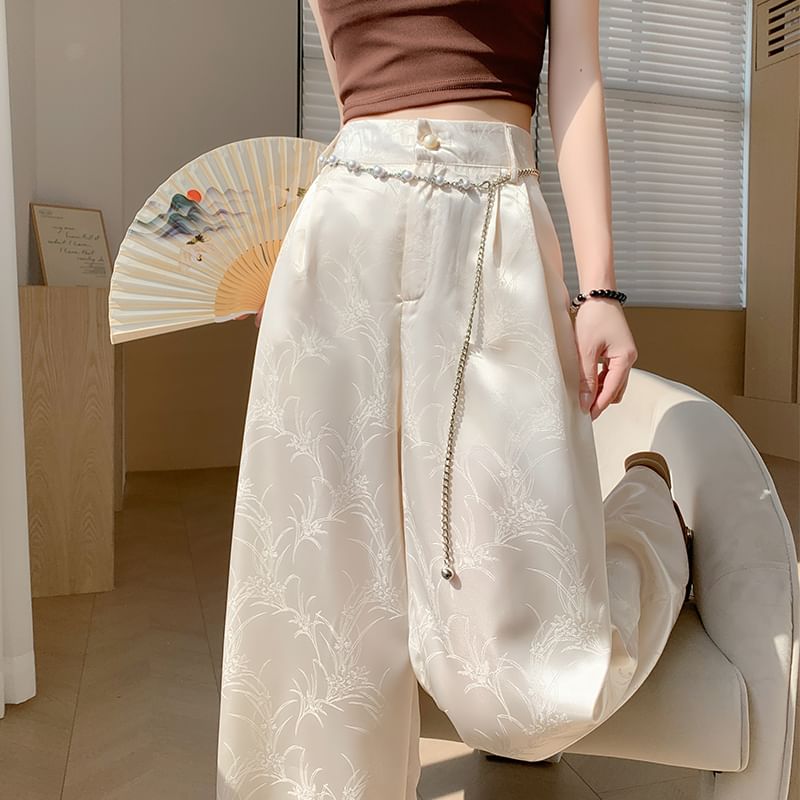 High Wide Jacquard Satin Leg Waist Pants