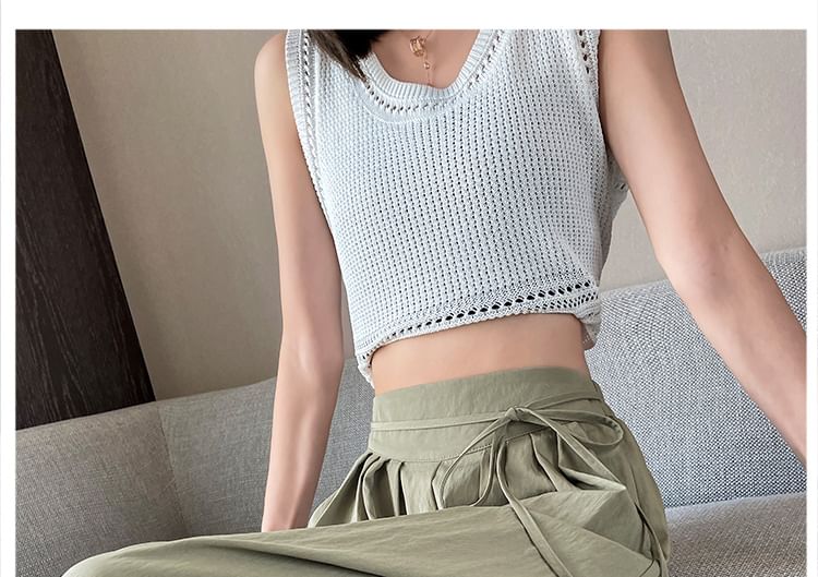 Plain Cropped High Culottes Waist Pleated