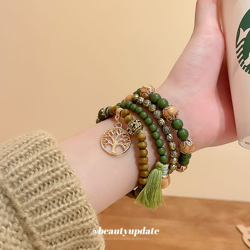 Bead Faux Tassel Set Bracelet Wooden (Various / Gemstone Designs)