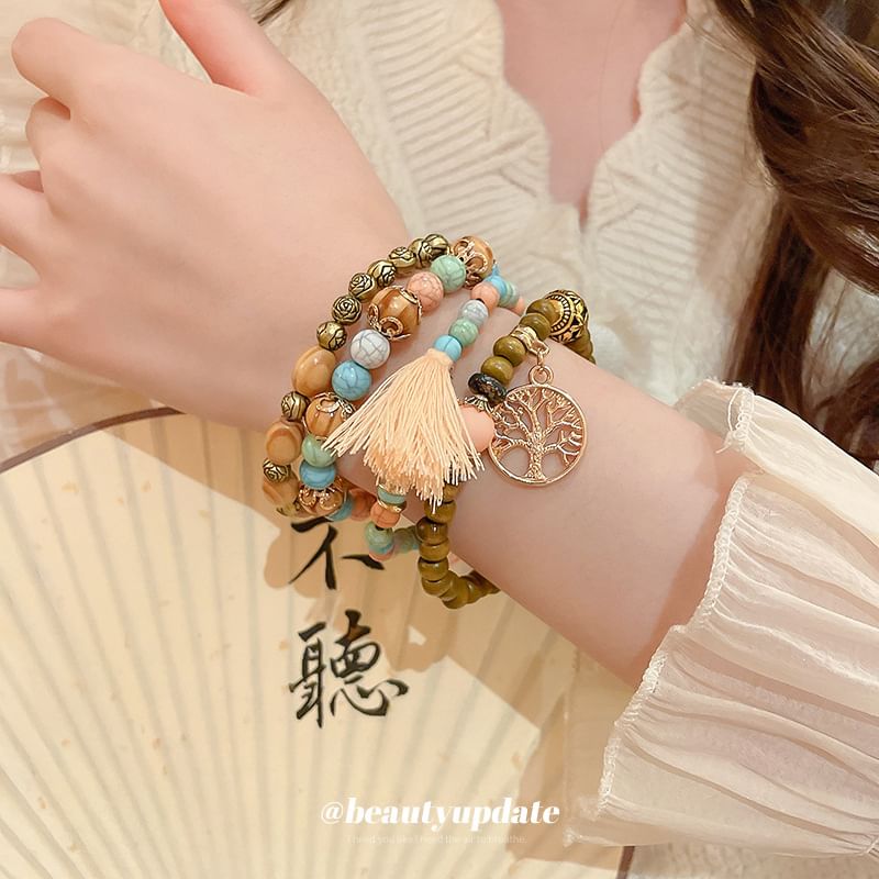 Bead Faux Tassel Set Bracelet Wooden (Various / Gemstone Designs)
