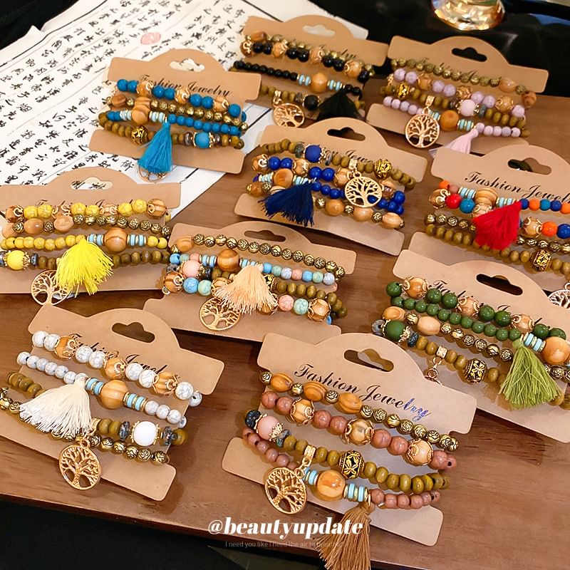 Bead Faux Tassel Set Bracelet Wooden (Various / Gemstone Designs)