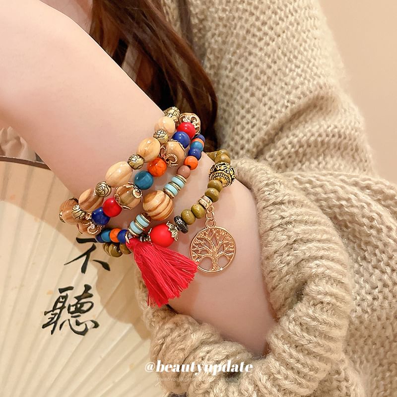 Bead Faux Tassel Set Bracelet Wooden (Various / Gemstone Designs)