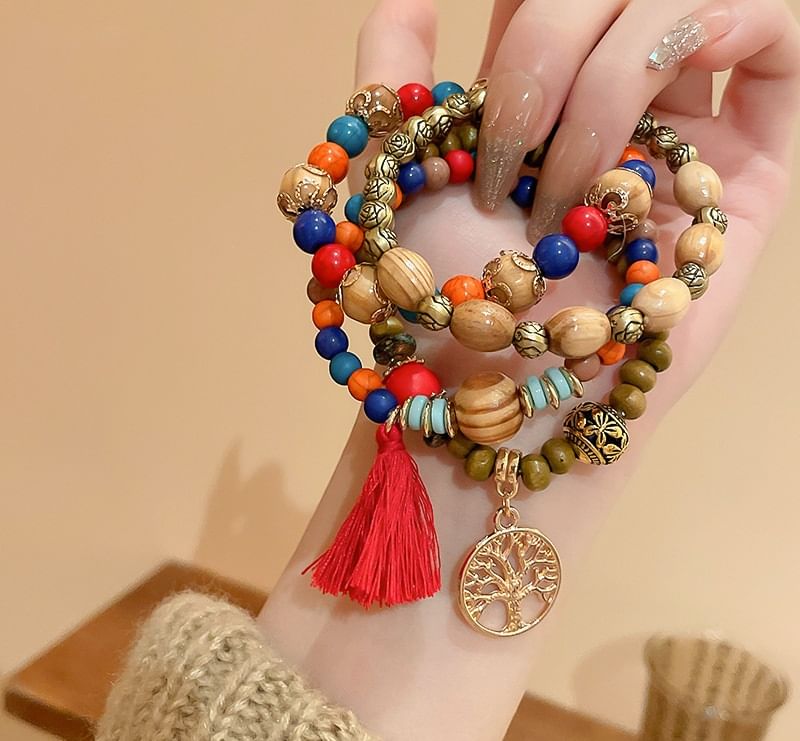 Bead Faux Tassel Set Bracelet Wooden (Various / Gemstone Designs)