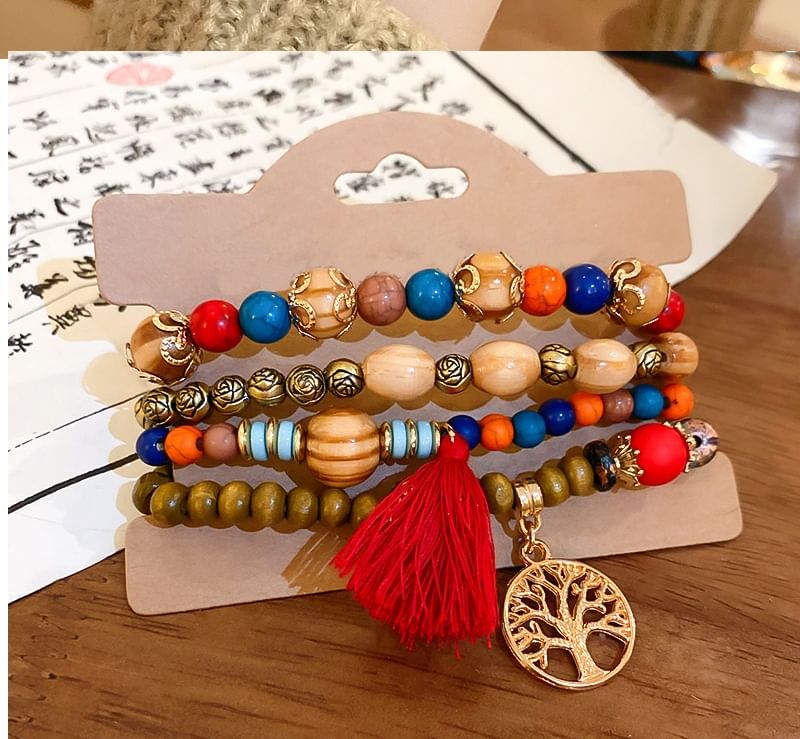 Bead Faux Tassel Set Bracelet Wooden (Various / Gemstone Designs)