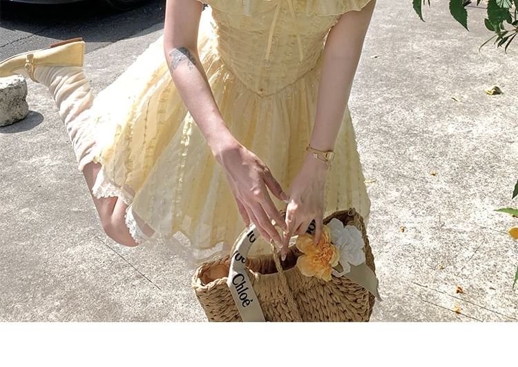 Sleeve Bow Neck Lace Short Panel Square Ruffle A-Line Dress Mini