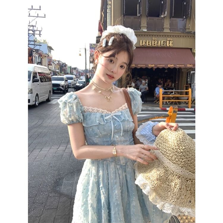 Sleeve Bow Neck Lace Short Panel Square Ruffle A-Line Dress Mini