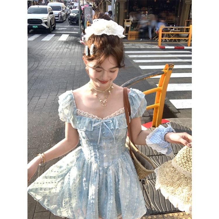 Sleeve Bow Neck Lace Short Panel Square Ruffle A-Line Dress Mini