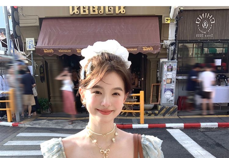 Sleeve Bow Neck Lace Short Panel Square Ruffle A-Line Dress Mini